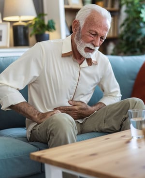 Older man sitting on a couch holding his lower abdomen, representing abdominal or core pain that may benefit from physical therapy.
