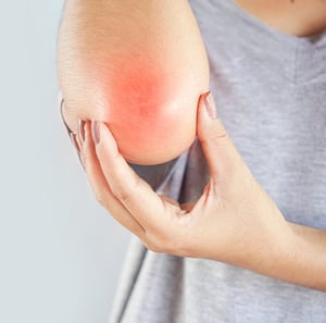 Elbow joint pain with inflammation.