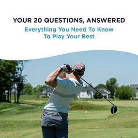 Golfer finishing a full driver swing on a sunny golf course, representing EW Motion Therapy's free golf performance guide covering everything you need to know to play your best