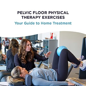 Women's health physical therapist instructing a patient on pelvic floor exercises in a gym, representing EW Motion Therapy's home treatment guide for pelvic floor physical therapy exercises